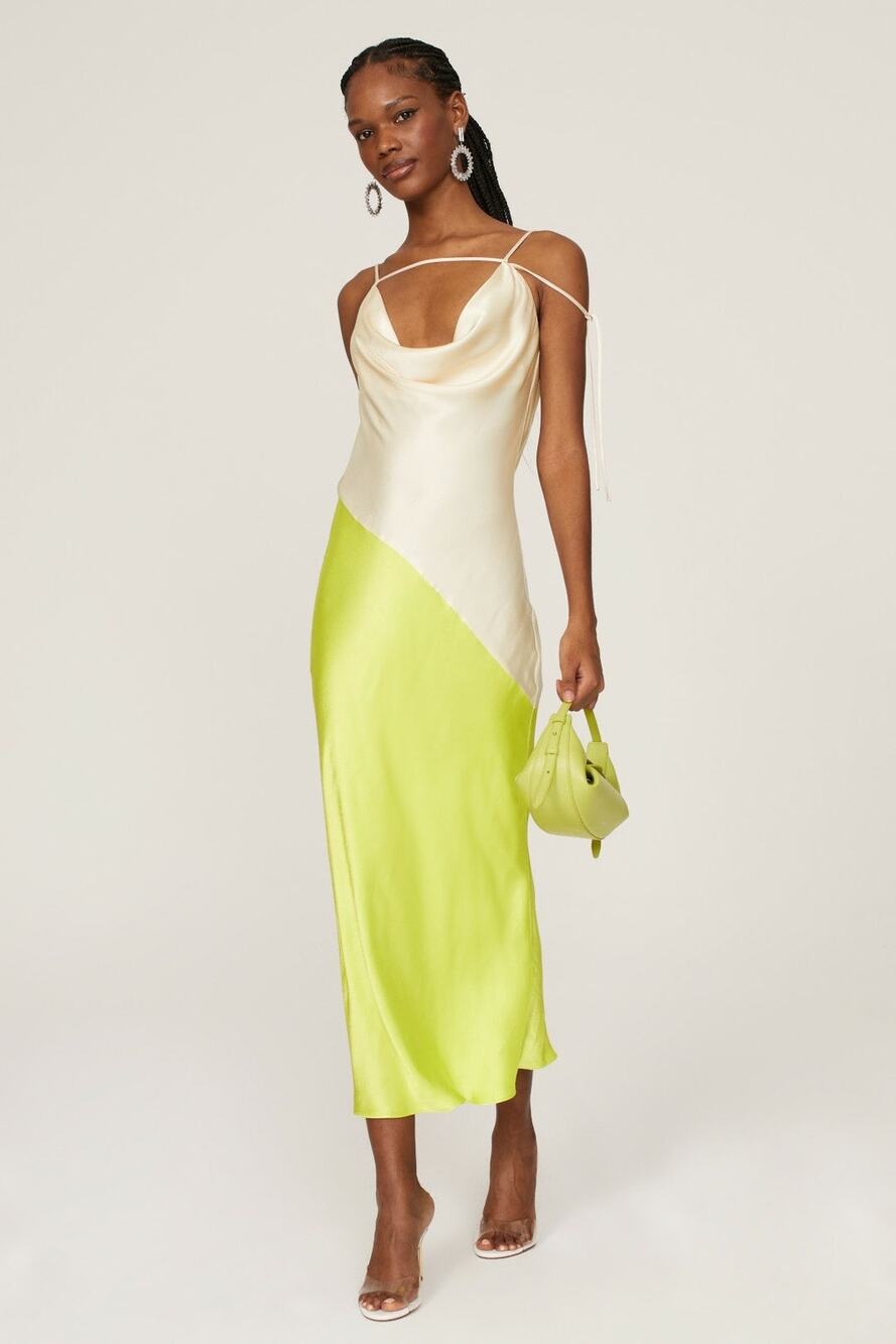 SAN SLOANE Green Cream Drapey Open Back Slip Style Cowl Neck Zita Midi Dress XS
